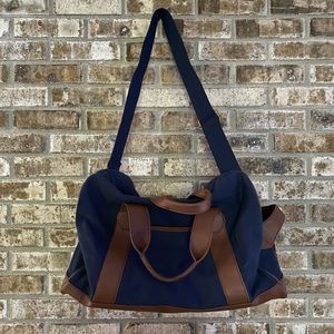 Navy & brown faux leather weekender bag